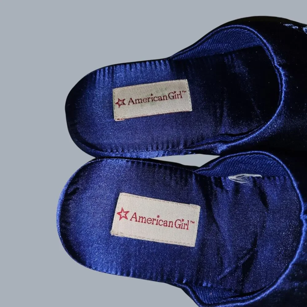 American Girl Girls Navy Blue Satin Embroidered Floral Slip-On Slippers Size 1-3